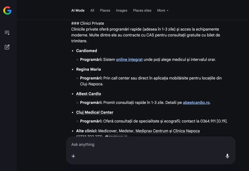 ABest Cardio recomandat de Google AI Mode alaturi de Regina Maria si Cardiomed Cluj