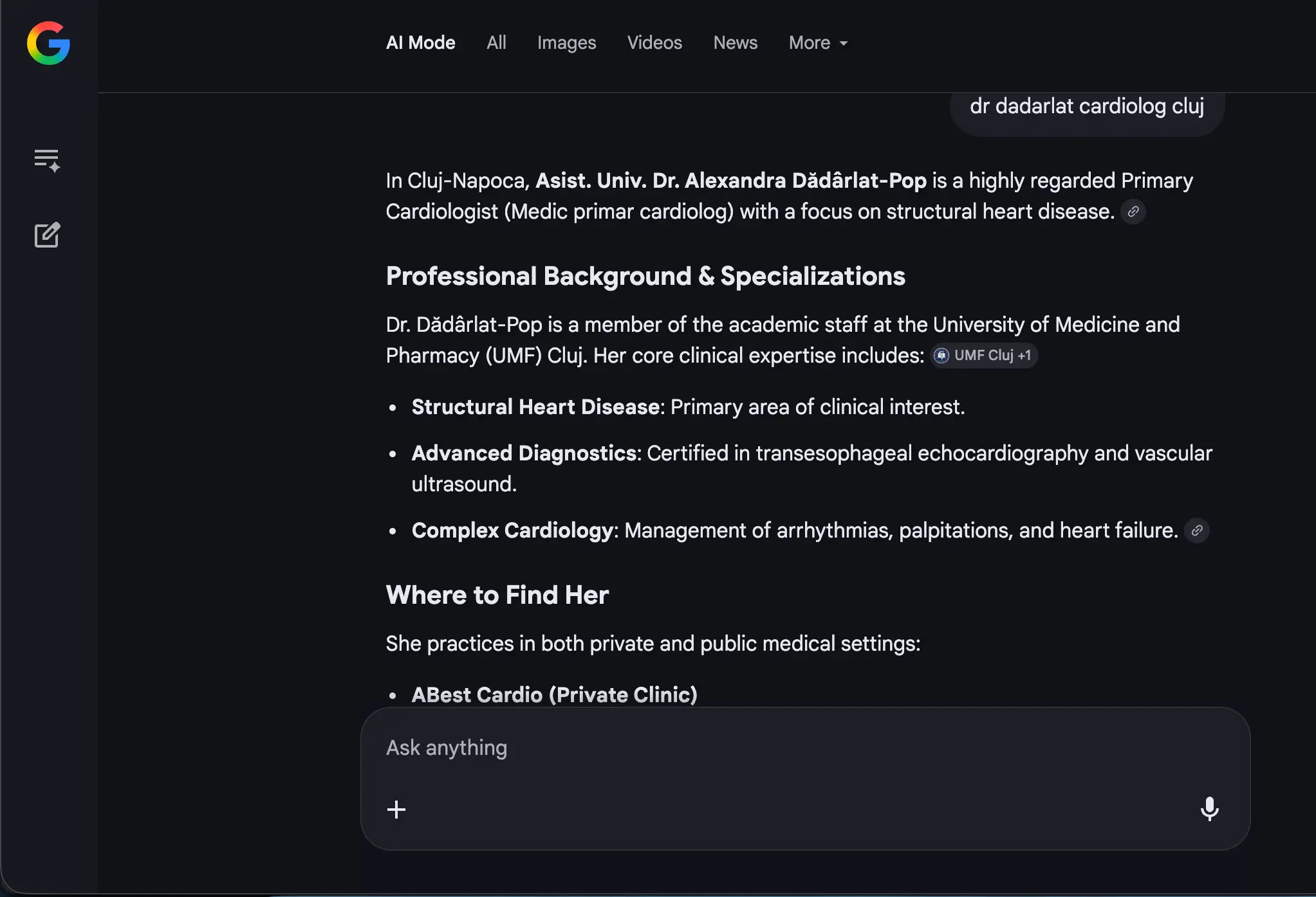 Dr Dadarlat-Pop si ABest Cardio in Google AI Mode