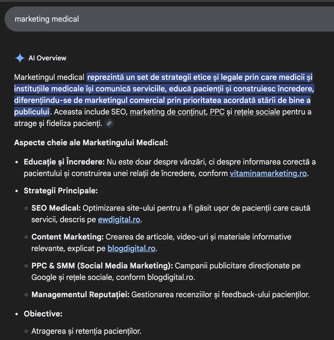 ewdigital.ro citat in Google AI Overview la cautarea marketing medical